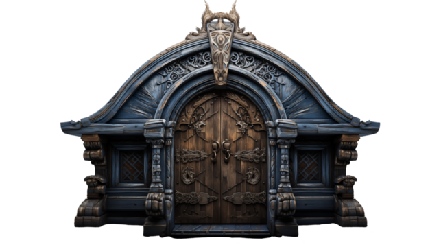 Viking Style Wooden Door Ornate Carved Design, Rustic Nordic Entrance for 3D Renders, isolated on transparent background.
