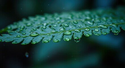 Fern Leaf Covered with Water Droplets Sparkling in the Light