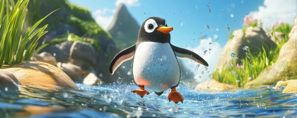 A playful penguin leaps joyfully through water in a vibrant aquatic setting, showcasing nature's charm during a lively sunny afternoon