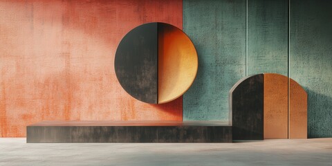 Modern Product Display Stand with Geometric Shapes and Textured Walls