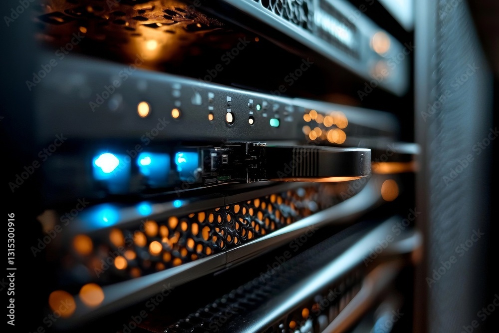 Poster image of a futuristic rack server with blinking lights in a supercomputer setting, featuring copy sp