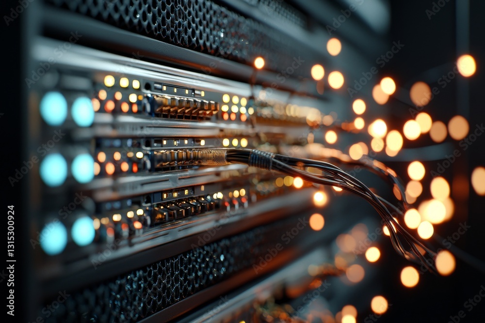 Poster a futuristic supercomputer background image featuring a rack server with blinking lights and copy sp