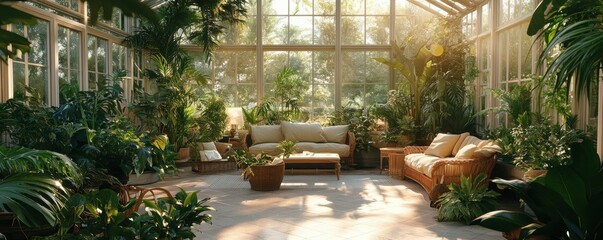A sunlit conservatory adorned with lush greenery and cozy furnishings, creating a peaceful oasis filled with natural light and vibrant plant life.