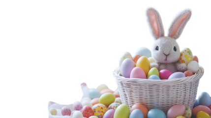Happy Easter basket filled with colorful eggs, candy, and a small bunny plush on a white background --ar 16:9