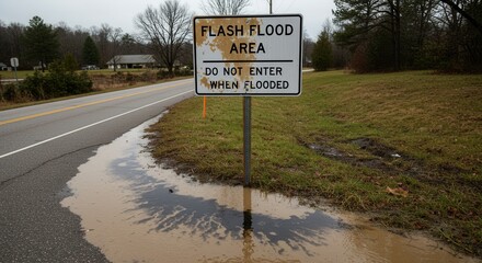 Flash Flood Area Sign with Water Pooling on Roadside After Rain