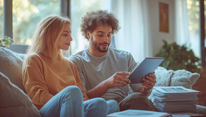 Happy young couple sitting on sofa in modern living room, using tablet together, surrounded by bright natural light from large windows, appearing relaxed yet engaged while exploring content on screen