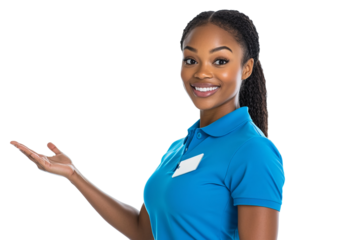 a female african american fitness instructor, id badge, blue uniform, arms out, on a white background
