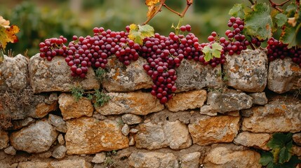 Red grapes on a stone wall in a vineyard, autumn leaves visible