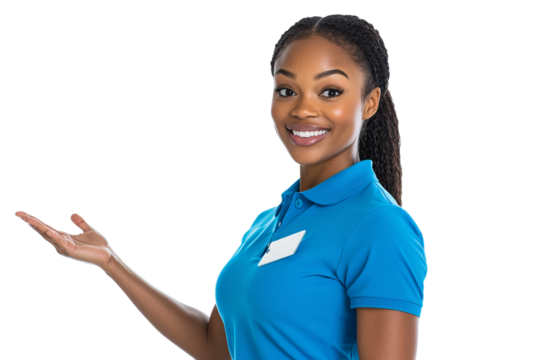 a female african american fitness instructor, id badge, blue uniform, arms out, on a white background