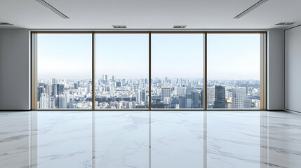 Bright Empty Room with Large Window Overlooking a Cityscape on a Clear Day Minimalist Design With White Walls and Glossy Floor Tiles