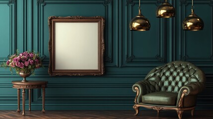 Teal room, antique chair, blank frame, mockup, floral arrangement