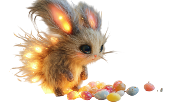 Hoppits ? Miniature, long-eared, hopping creatures with fluffy tails that glow like tiny lanterns, joyfully scattering enchanted candy-filled eggs wherever they bounce on a white background --ar 16:9