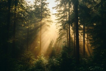 Obraz premium Golden Sunlight Piercing Through the Misty Forest