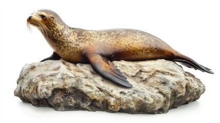 Fototapeta premium A playful sea lion basking in the sun on a rock, with the ocean in the background, on a white isolated background