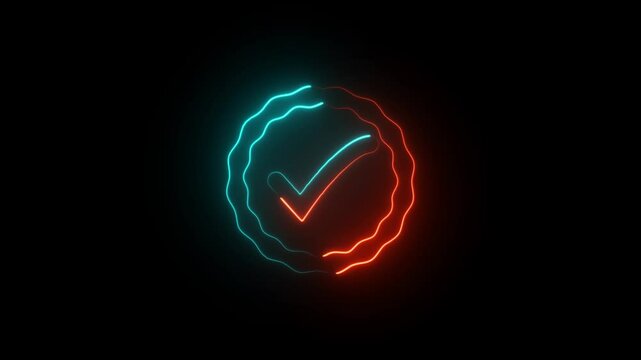 glowing neon check mark icon button animation.