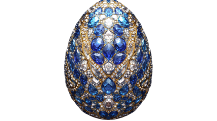 Jewelry-inspired Easter egg encrusted with diamonds and sapphires on a transparent background --ar 16:9