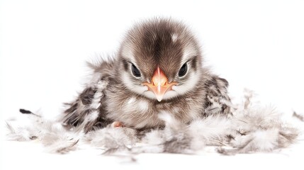 Fototapeta premium A cute baby chick pecking at the ground, surrounded by soft feathers, on a white isolated background