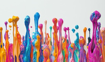 Abstract arrangement of vibrant paint splashes and drips on a white background, creative and artistic chaos, vivid colors,