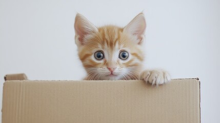 A playful kitten peeking out of a cardboard box, with curious eyes, on a white isolated background