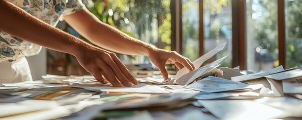 A person is working on sorting papers on a surface