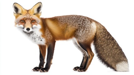 Fototapeta premium A red fox in a snowy forest, with its bright red fur contrasting against the white snow, on a white isolated background