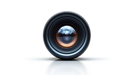 Close-up lens reflecting landscape on white background
