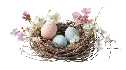 Little bird nest with pastel Easter eggs and delicate flowers on a white background --ar 16:9