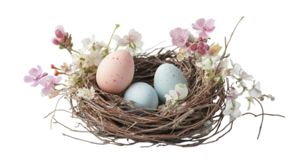 Little bird nest with pastel Easter eggs and delicate flowers on a white background --ar 16:9