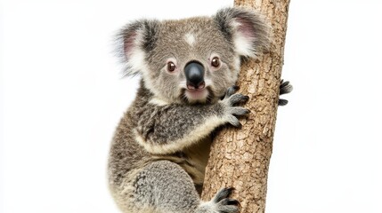 Naklejka premium A baby koala climbing a eucalyptus tree, with a sleepy expression, on a white isolated background