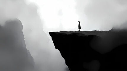 Silhouette of a solitary figure standing on the edge of a cliff shrouded in fog, representing despair and uncertainty. Shadowed - Alley. Illustration
