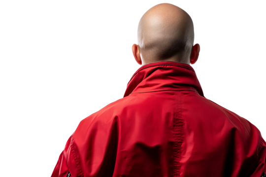 a bald hispanic man, red jacket, back view, on a white background