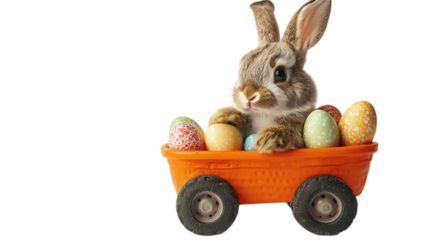 Little bunny driving a tiny carrot car filled with Easter egg cargo on a white background --ar 16:9