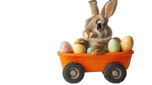 Little bunny driving a tiny carrot car filled with Easter egg cargo on a white background --ar 16:9