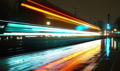 Obraz premium High-speed train in motion at night, reflecting lights on wet tracks.