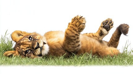 A lion cub playfully rolling in the grass, with its tail wagging, on a white isolated background