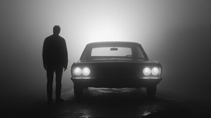 Silhouette of man facing vintage car in fog.