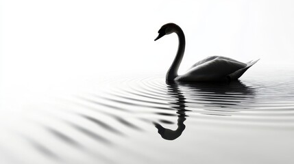 Fototapeta premium A graceful swan gliding across a serene lake, with soft ripples in the water, on a white isolated background