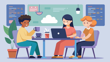 Three teens sit around a table in a cafe sipping on coffee as they discuss and present their coding project to a group of curious customers.. Vector illustration