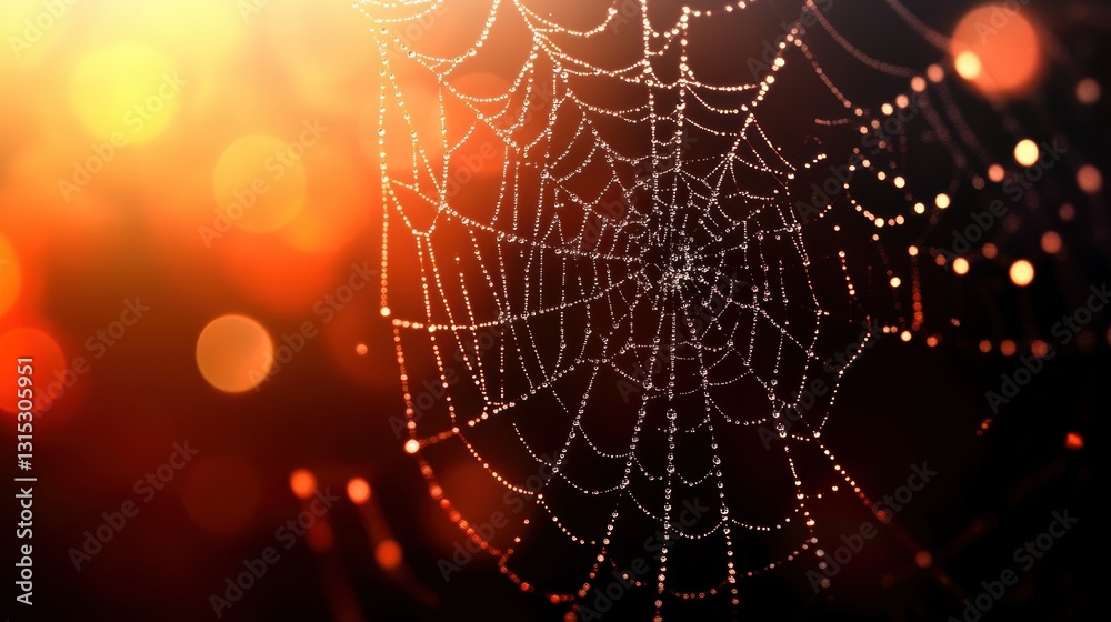 Wall mural beautiful spider web in wild field with dew in morning in spring.