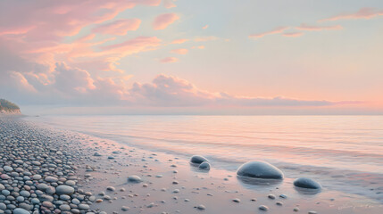 Obraz premium Serene Coastal Sunset Pebbled Beach with Smooth Stones at Dawn