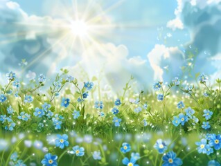 Fototapeta premium A gentle spring landscape with tiny blue flowers, swaying green grass, and shimmering sun rays filling the open sky.