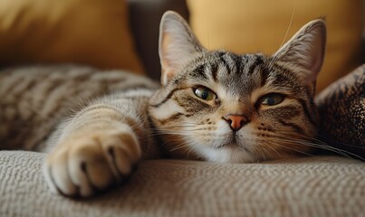 Contented Tabby Cat Lounging on a Neutral Couch with Yellow Pillows