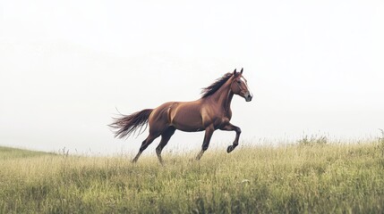 A horse running freely across an open meadow, with its mane flowing in the wind, on a white isolated background