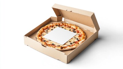 Pizza in cardboard box with blank square