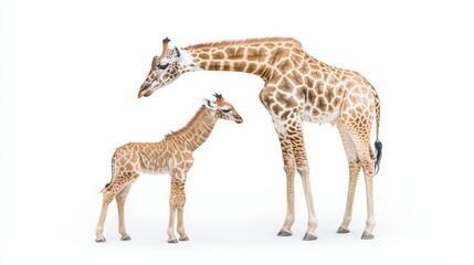 Fototapeta premium A mother giraffe with her baby standing beside her, both looking into the distance, on a white isolated background