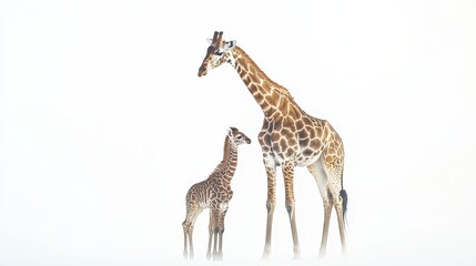 Obraz premium A mother giraffe with her baby standing beside her, both looking into the distance, on a white isolated background
