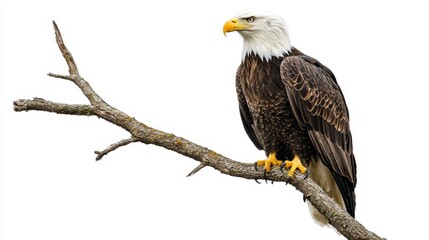 Obraz premium A majestic eagle perched on a tree branch, with its sharp talons visible, on a white isolated background