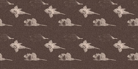 Mocha brown linen floral patterns seamless patterns border design. Endless textured flower graphic ribbon edge. Mottled soft natural calm mood for cottage core banners.