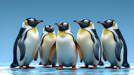 Group of Adorable Penguins Standing Together on Ice, Wildlife Photography, Animal Illustration,
