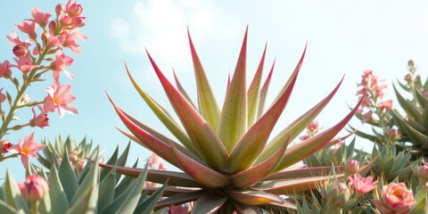 Obraz premium Vibrant aloe vera blooms & succulent plants against a clear azure sky, xerophyte,summer,wide shot